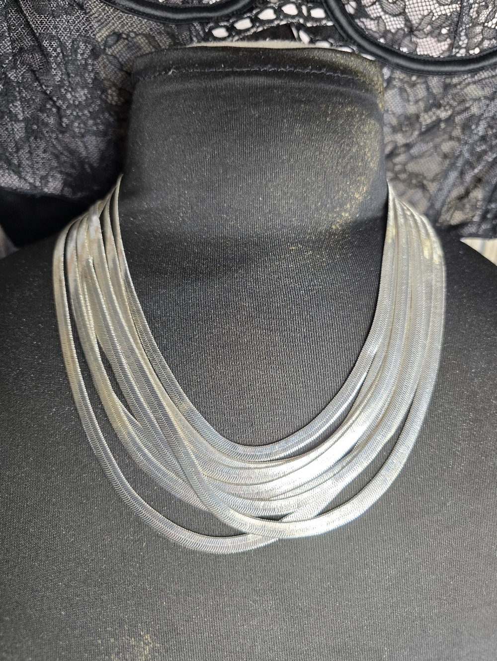 Vtg Graduating Multi 8 Strands Herringbone Silver Statement Necklace